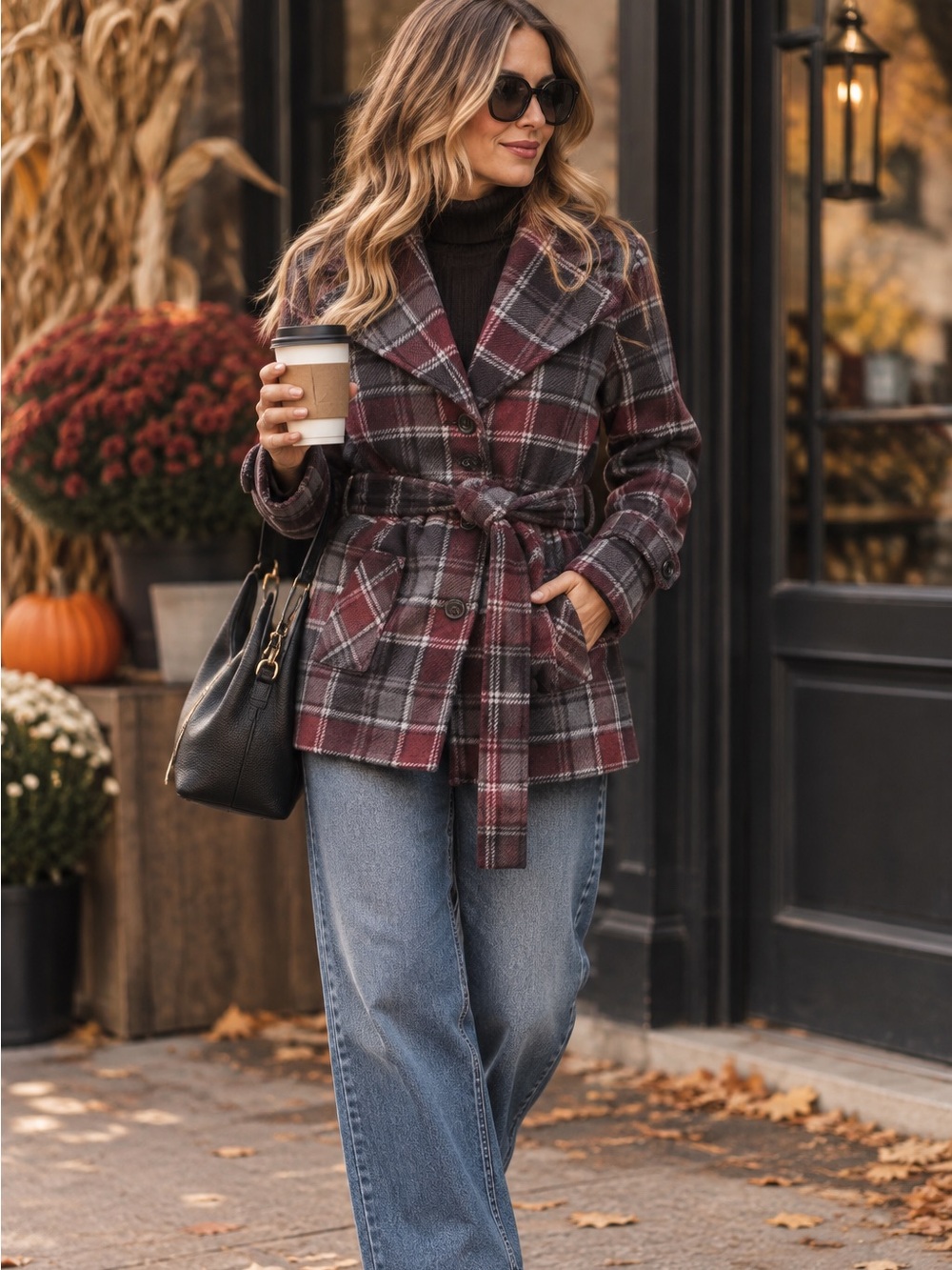 Lady Hathaway Fleece Red & Black Checkered Plaid Lightweight Belted Casual Coat